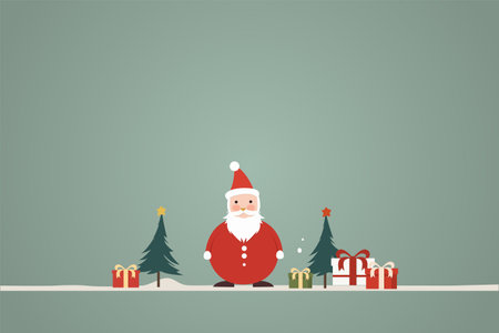 Santa Claus and Christmas tree with gift boxes. Vector illustration in flat style.のイラスト素材