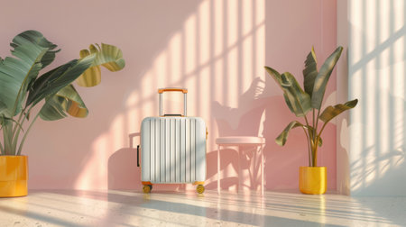 Suitcase on a white floor in the room. 3d renderingの素材