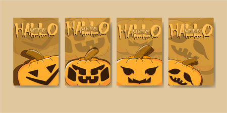 Halloween pumpkin poster background, each with a unique carved expressionのイラスト素材