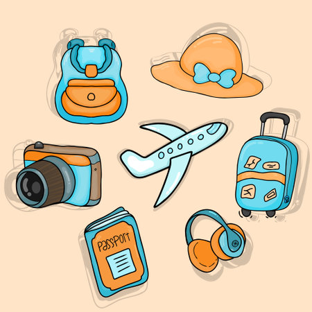 Cartoon Doodle Travel Set with Camera, Suitcase and Airplaneのイラスト素材