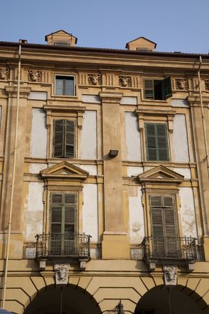 Facades on Repubblica Square in Turin in Italyの写真素材