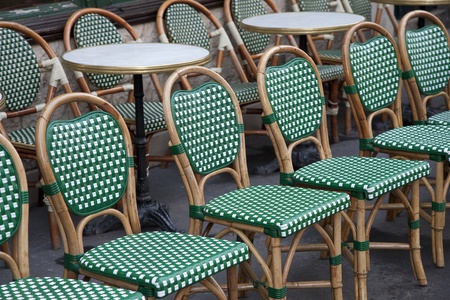 Green and White Cafe Chairs in Paris, Franceの写真素材