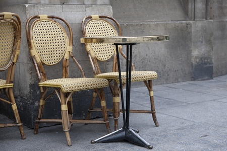 Two Cafe Chairs on a Terrace in Paris, Franceの写真素材