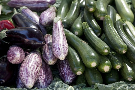 Eggplant, Aubergine, Courgette and Zucchini for Sale on Market Stallの写真素材