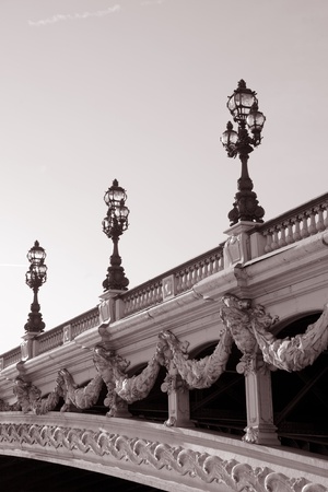 Close-up of Pont Alexnadre III Bridge in Black and White Sepia Tone in Paris, Franceの写真素材