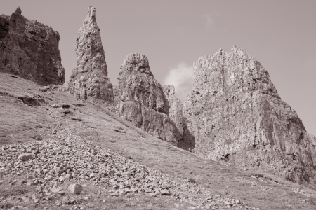 Quiraing; Trotternish; Isle of Skye; Scotland; UK in Black and White Sepia Tone の写真素材