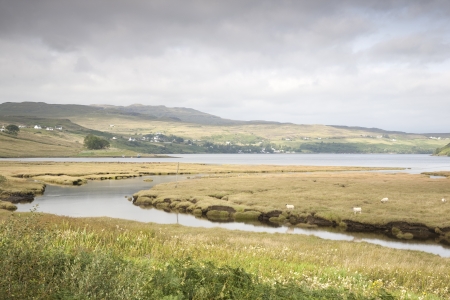 River Drynoch and Loch Harport, Carbost; Isle of Skye; Skye; Scotland; UKの写真素材