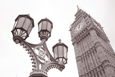 Lamppost and Big Ben at Westminster, London in Black and White Sepia Toneの写真素材