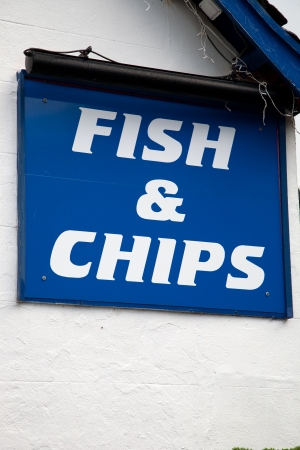 Blue and White Fish and Chips Signの写真素材