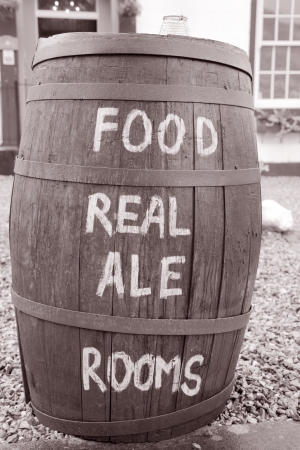 Food and Drink Menu on Barrel in Black and white Sepia Toneの写真素材