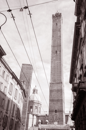 Two Towers, Bolonia, Italy in Black and White Sepia Toneの写真素材