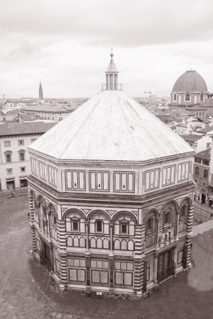 Baptistry at Duomo Cathedral Church, Florence, Italy in Black and White Sepia Toneの写真素材