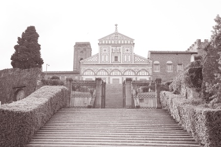 San Miniato al Monte Church, Florence, Italy in Black and White Sepia Toneの写真素材