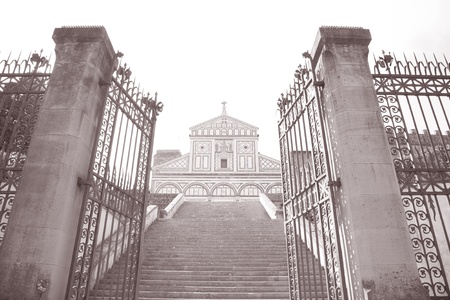 San Miniato al Monte Church, Florence, Italy in Black and White Sepia Toneの写真素材