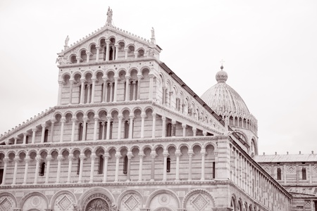 Facade of Cathedral Church in Pisa; Italy in Black and White Sepia Toneの写真素材