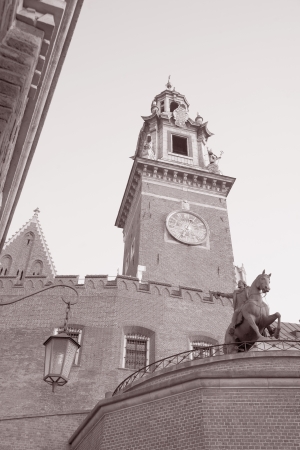 Cathedral Tower, Wawel Hill, Krakow; Poland in Black and White Sepia Toneの写真素材
