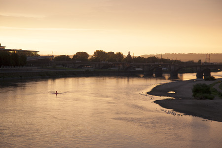 River Elbe at Sunset in Dresden, Saxony, Germanyの写真素材