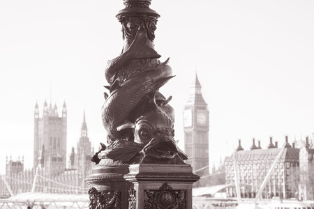 Lampost with Big Ben and the Houses of Parliament, Westminster, London, England, UK in Black and White Sepia Toneの写真素材