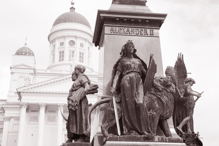 Luthern Cathedral, Helsinki, Finland with Alexander II Monument (1894) in Black and White Sepia Toneの写真素材