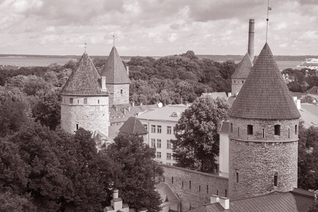 City Walls, Tallinn, Estonia in Black and White Sepia Toneの写真素材