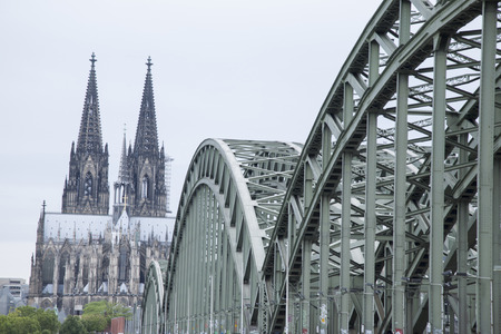 Hohenzollernbrucke Railway Bridge and Cathedral, Cologne, Germany, Europeの写真素材