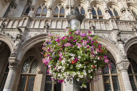 Facade of City Hall, Gran Place - Main Square with Lamppost and Flowers, Brussels, Belgiumの写真素材
