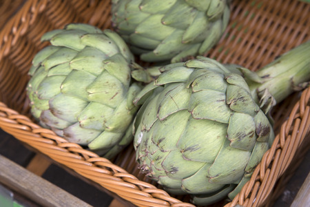 Artichokes for Sale on Market Stall, Edinburgh, Scotland, UKの写真素材
