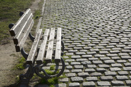 Cobble Stones and Wooden Bench, Saragossa, Spainの写真素材