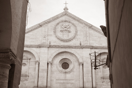 Cathedral Church in Pienza; Tuscany; Italy in Black and White Sepia Toneの写真素材