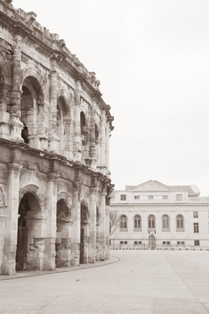 Roman Amphitheatre, Nimes, France in Black and White Sepia Toneの写真素材