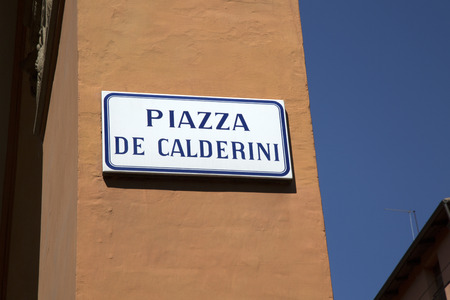 Piazza Calderini Square Sign, Bologna, Italyの写真素材