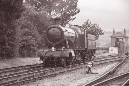 Steam Train on Railway Track, Black and White, Sepia, Tone
