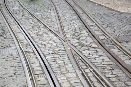 Funicular Tram Track, Rua da Bica de Duarte Belo Street; Lisbon; Portugalの写真素材