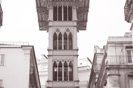 Santa Justa Elevador, Lisbon, Portugal in Black and White Sepia Toneの写真素材