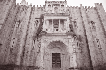 Se Velha Cathedral Church, Coimbra, Portugal in Black an dWhite Sepia Toneのeditorial素材
