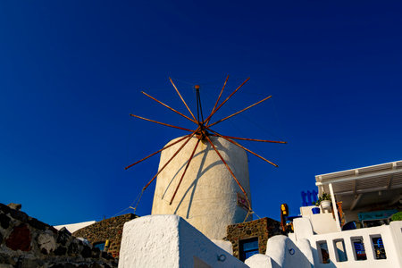 Windmill in Oia village on Santorini island, Greeceの写真素材