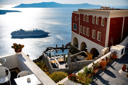 Santorini island, Greece. Picturesque view of the sea from the terraceの写真素材