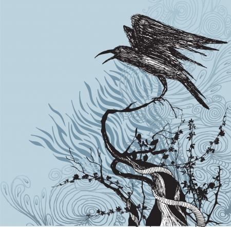 Crow on Branch, hand drawn illustrationのイラスト素材