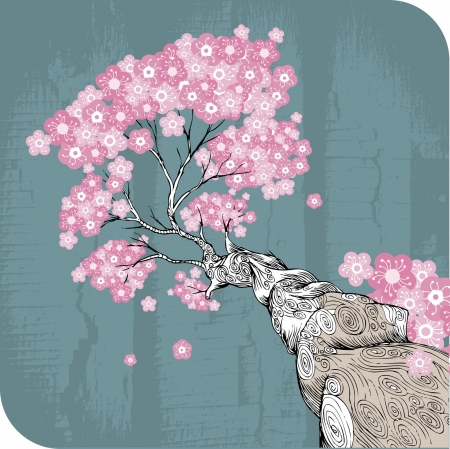 Cherry blossoms on branch, Hand drawn illustrationのイラスト素材