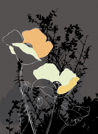 Poppies and weeds on grey background, Hand drawn illustrationのイラスト素材