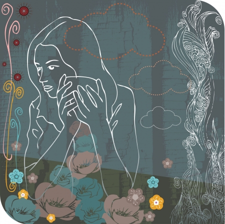 Woman sitting at her desk with coffee, Hand drawn illustrationのイラスト素材