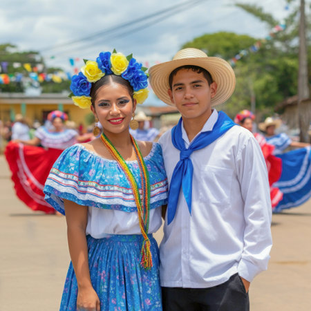 A portrait of a smiling young couple in bright folk costumes, with blurred dancers in the background.の素材