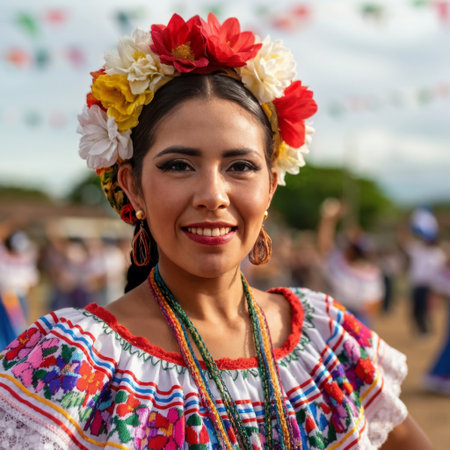 A vibrant portrait of a Latin American woman adorned in a traditional, colorful folklore dress. Her hair is crowned with a floral headdress,の素材