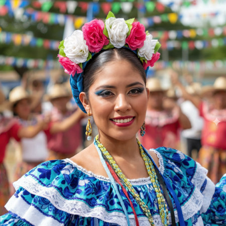 A vibrant portrait of a Latin American woman adorned in a traditional, colorful folklore dress. Her hair is crowned with a floral headdress,の素材