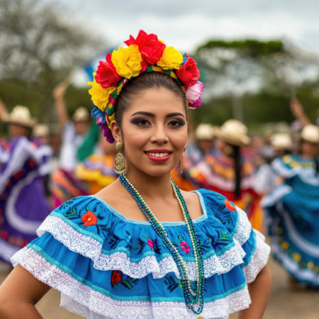 A vibrant portrait of a Latin American woman adorned in a traditional, colorful folklore dress. Her hair is crowned with a floral headdress,の素材