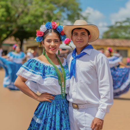 A young couple in vibrant traditional Central American attire.の素材