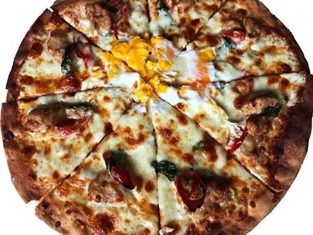 Thai style basil chicken pizza with eggの写真素材