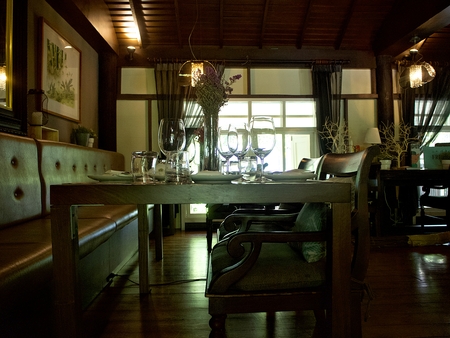 The close up shot on the dining set and the table with chair in the restaurantのeditorial素材