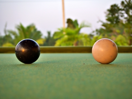The shot on the black and white billiard ball on the green pool with nature blur backgroundの写真素材