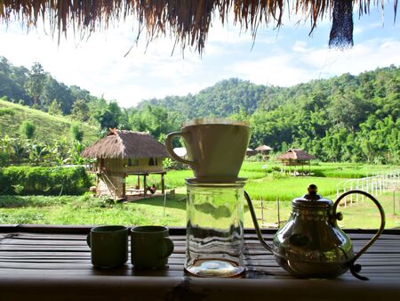 The landscape of the grided coffee and dip equipment with village, rice field and green moutain in Chiang Mai, Thailandの写真素材
